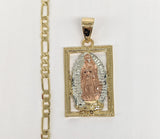 Plated Tri-Gold Virgin Mary Pendant and Figaro Chain Set