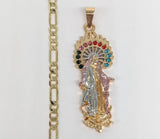 Plated Tri-Gold Virgin Mary Pendant and Figaro Chain Set