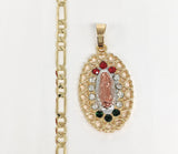 Plated Tri-Gold Virgin Mary Pendant and Figaro Chain Set