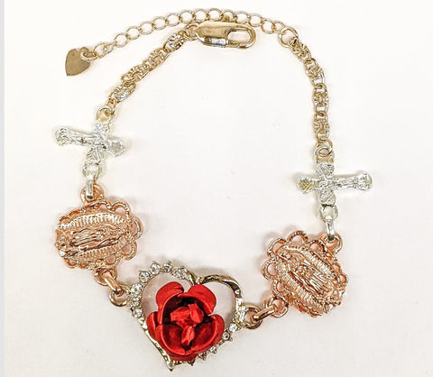 Plated Tri-Gold Virgin Mary and Heart Rose Bracelet*