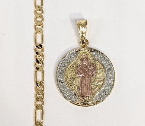 Plated Tri-Gold Saint Benedict Pendant and Figaro Chain Set