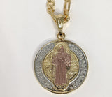 Plated Tri-Gold Saint Benedict Pendant and Figaro Chain Set