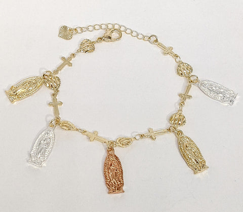 Plated Tri-Gold Virgin Mary and Cross Charm Bracelet