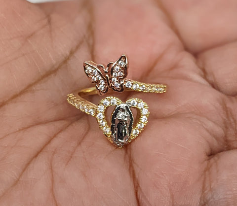 Plated Tri-Gold Virgin Mary Butterfly Adjustable Ring