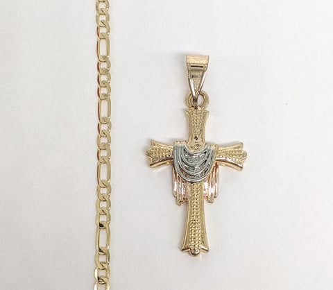 Plated Tri-Gold Cross Pendant and Figaro Chain Set