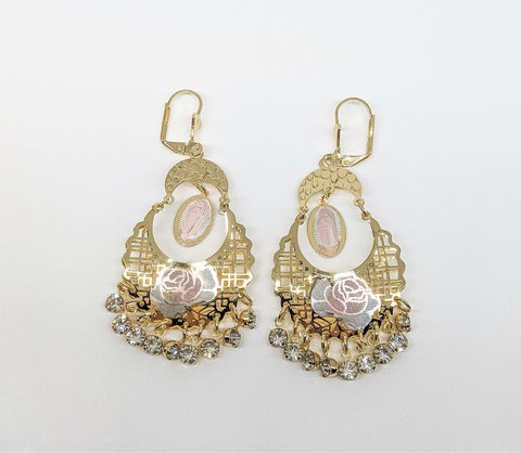 Plated Tri-Color Virgin Mary and Rose Earring