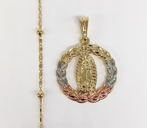 Plated Tri-Gold Virgin Mary Pendant and Chain Set