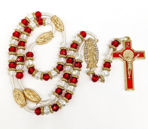 Clear and Red Virgin Mary Beaded and Rope Rosary