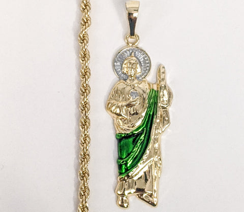 Plated Multicolor Saint Jude Pendant and Rope/Braided Chain Set*