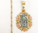 Plated Tri-Gold Virgin Mary Pendant and Twist Chain Set