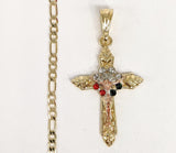 Plated Tri-Gold Cross Pendant and Figaro Chain Set