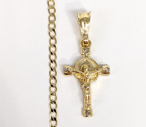 Plated Mini Dainty Cross Pendant and Cuban Chain Set