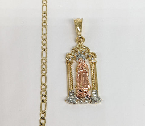 Plated Tri-Gold Virgin Mary Pendant and Figaro Chain Set