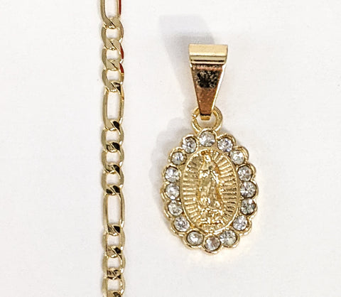 Plated Mini Dainty Virgin Mary Pendant and Figaro Chain Set