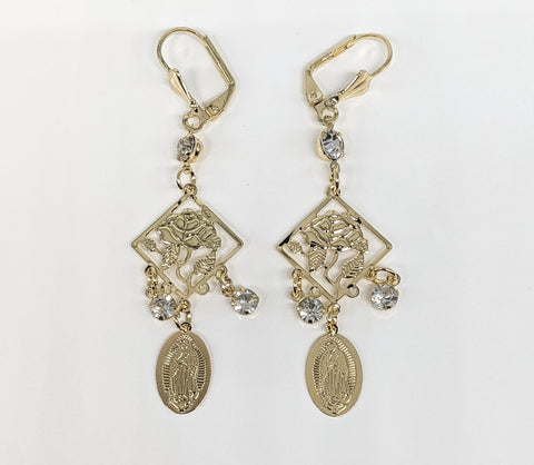 Plated Virgin Mary and Rose Earring
