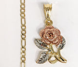 Plated Tri-Gold Rose Flower Pendant and Figaro Chain Set