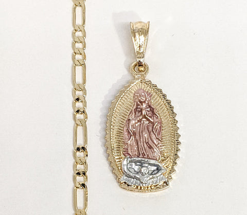 Plated Tri-Gold Virgin Mary Pendant and Figaro Chain Set*