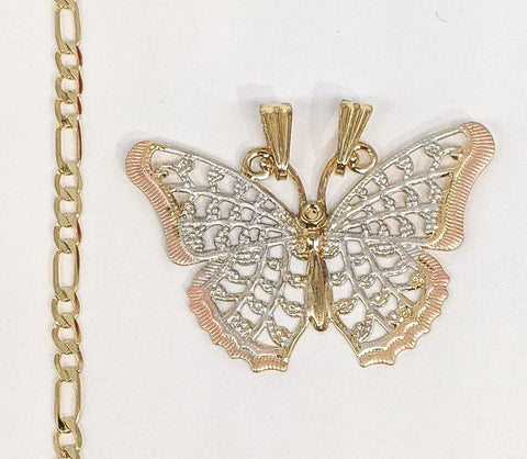 Plated Tri-Gold Butterfly 3mm Figaro Chain Necklace