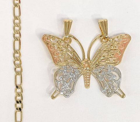 Plated Tri-Gold Butterfly 3mm Figaro Chain Necklace