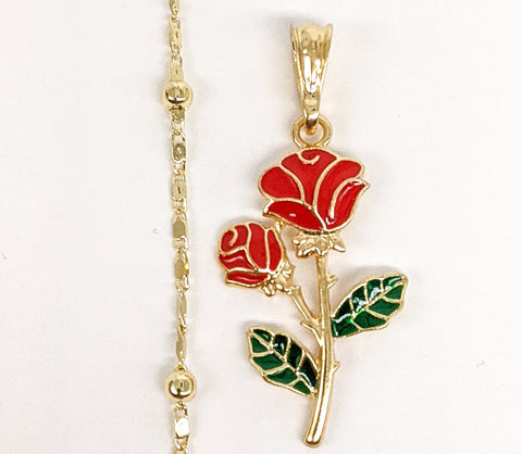 Plated Multicolor Rose Flower Pendant and Pearl Chain Set