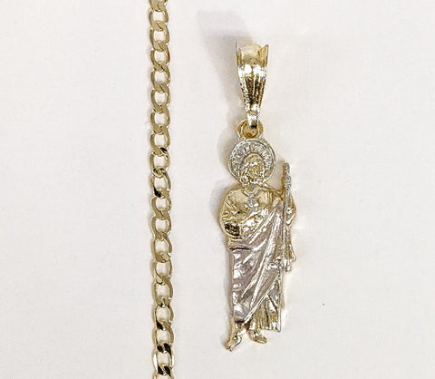 Plated Tri-Gold Mini Dainty Saint Jude Pendant and Cuban Chain Set