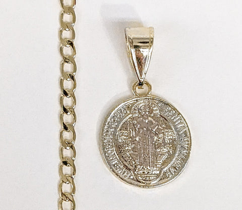 Plated Tri-Gold Mini Dainty Saint Benedict Pendant and Cuban Chain Set