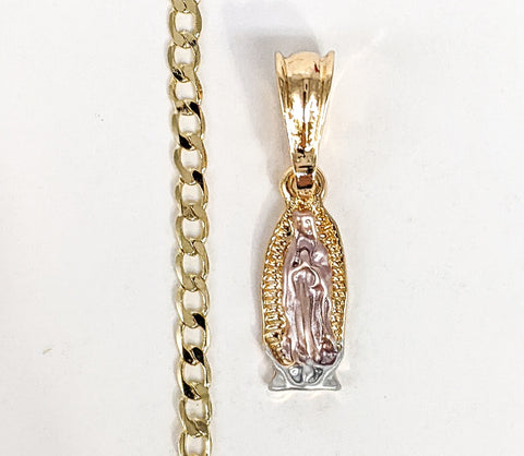 Plated Tri-Gold Mini Dainty Virgin Mary Pendant and Cuban Chain Set