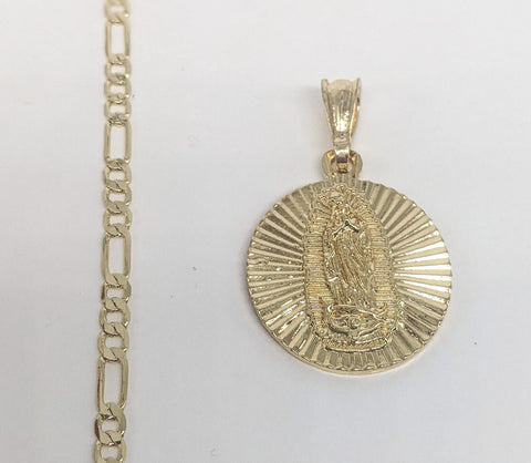 Plated Virgin Mary Pendant and Figaro Chain Set