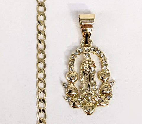 Plated Mini Dainty Virgin Mary Pendant and Cuban Chain Set