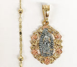 Plated Tri-Gold Virgin Mary Pendant and Pearl Chain Set