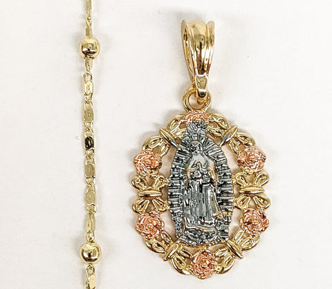 Plated Tri-Gold Virgin Mary Pendant and Pearl Chain Set