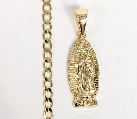 Plated Mini Dainty Virgin Mary Pendant and Cuban Chain Set