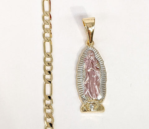 Plated Tri-Gold Mini Dainty Virgin Mary Pendant and Figaro Chain Set