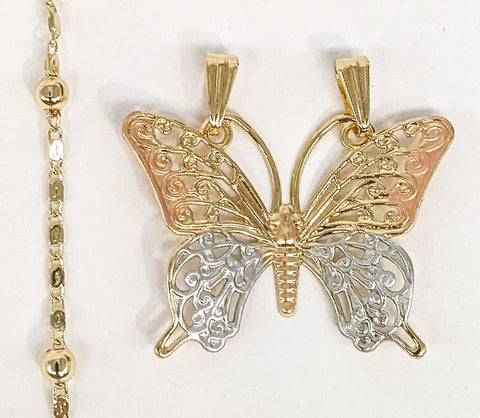 Plated Tri-Gold Butterfly Pendant and Pearl Chain Set*