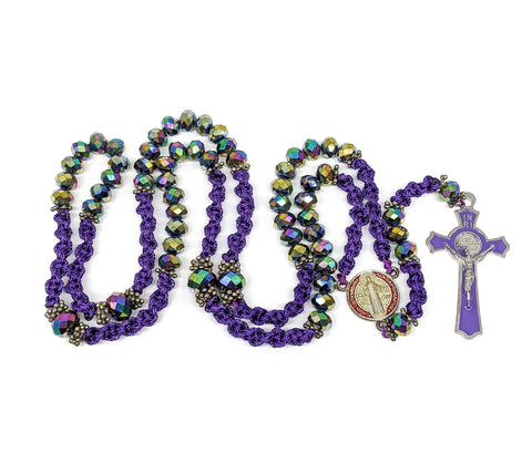 Purple Beaded and Rope Saint Benedict Rosary