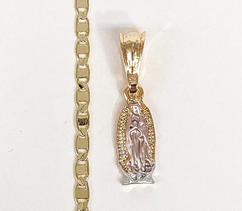 Plated Tri-Gold Mini Dainty Virgin Mary Pendant and Mariner Anchor Chain Set