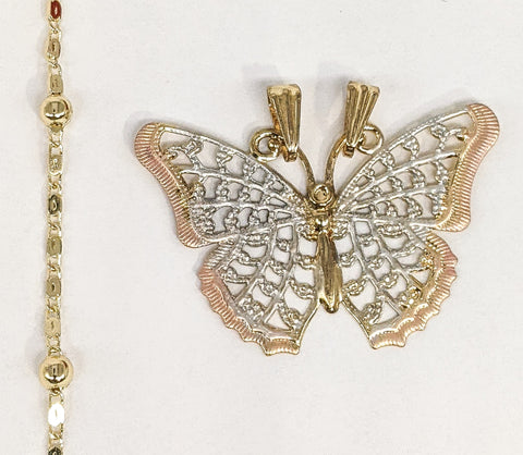 Plated Tri-Gold Butterfly Pendant and Pearl Chain Set*