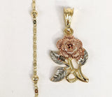 Plated Tri-Gold Rose Flower Pendant and Pearl Chain Set