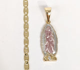 Plated Tri-Gold Mini Dainty Virgin Mary Pendant and Mariner Anchor Chain Set