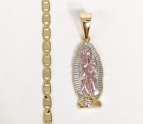 Plated Tri-Gold Mini Dainty Virgin Mary Pendant and Mariner Anchor Chain Set