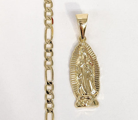 Plated Mini Dainty Virgin Mary Pendant and Figaro Chain Set