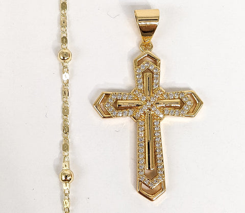 Plated Cross Pendant and Pearl Chain Set