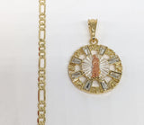 Plated Tri-Gold Virgin Mary Pendant and Figaro Chain Set