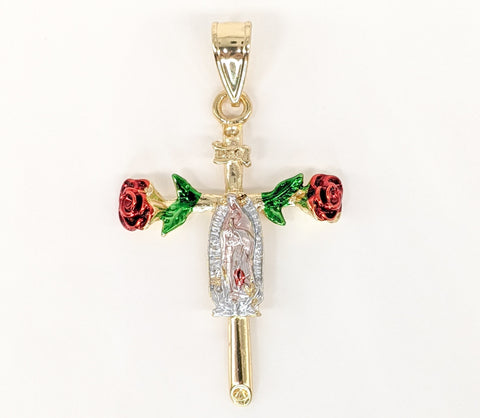 Plated Tri-Color Cross Virgin Mary Red Rose Pendant