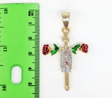 Plated Tri-Color Cross Virgin Mary Red Rose Pendant