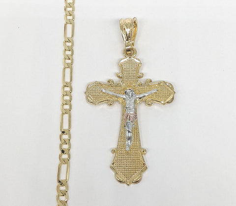 Plated Tri-Gold Cross Pendant and Figaro Chain Set