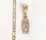 Plated Tri-Gold Mini Dainty Virgin Mary Pendant and Figaro Chain Set