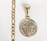 Plated Tri-Gold Mini Dainty Saint Benedict Pendant and Figaro Chain Set