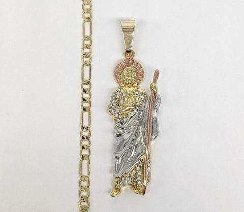 Plated Tri-Gold Saint Jude Pendant and Figaro Chain Set