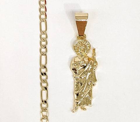 Plated Mini Dainty Saint Jude Pendant and Figaro Chain Set